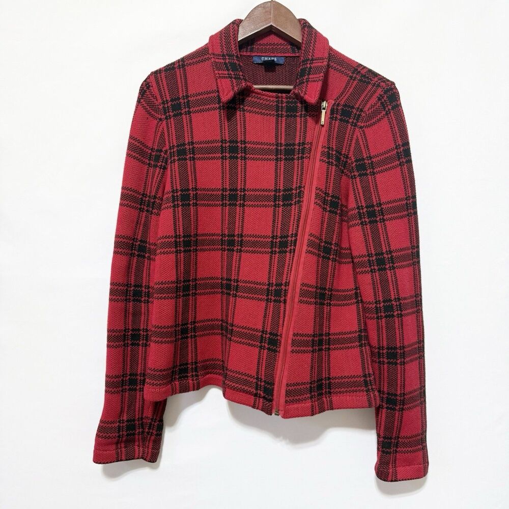 Chaps Sweater Womens L Red Black Plaid Long Sleeve Moto Zip Front Cotton
